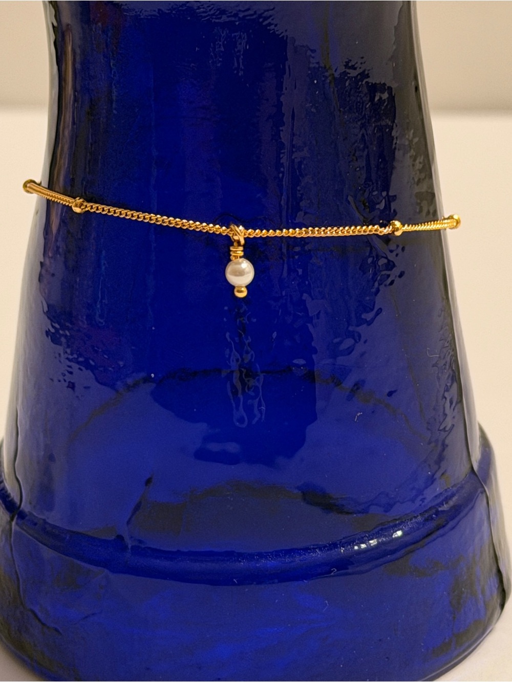 Gold Over 925 Sterling Silver Station Chain Bracelet with Pearl Charm